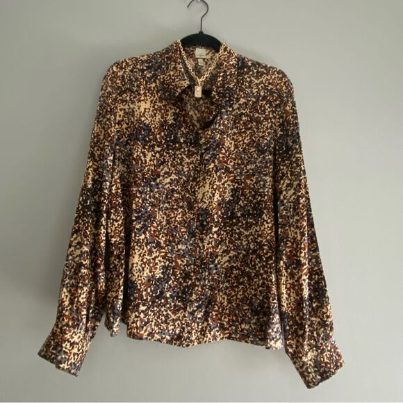 ANNE KLEIN Size 12 Brown Satin Button Up Blouse Top Shirt Women Long Sleeve - Picture 1 of 13